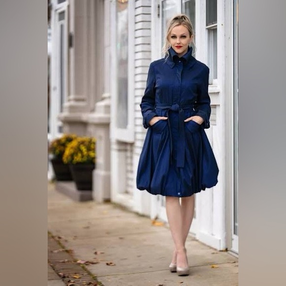 SAMUEL DONG Classic Bubble Hem Trench Coat Jacket Lined Navy Blue Dress … - Picture 14 of 14